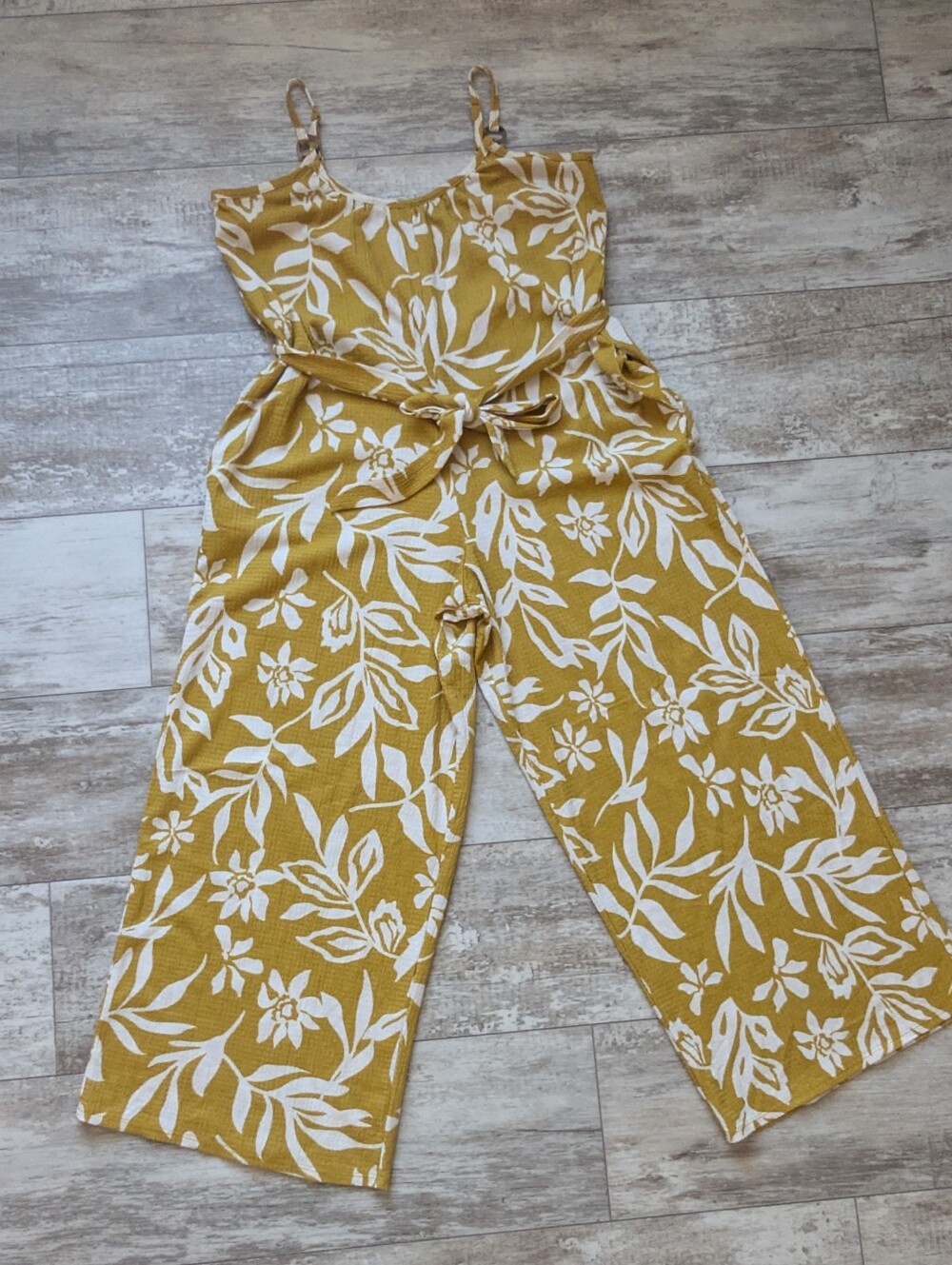 Yellow Floral Wide-Leg Jumpsuit with Self-Tie Waist - Picture 2 of 8